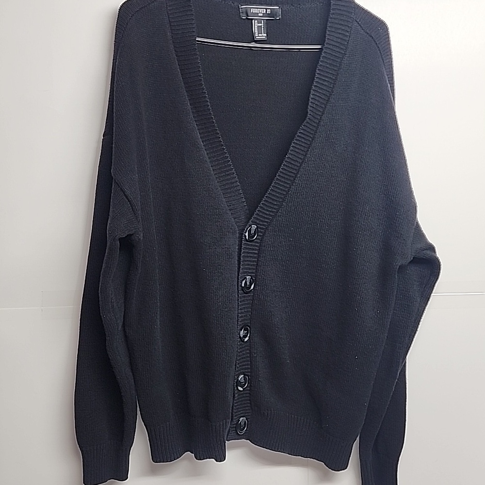 Forever 21 Vintage Mens Black Minimalist Big Button Down Cardigan SzL Handsome